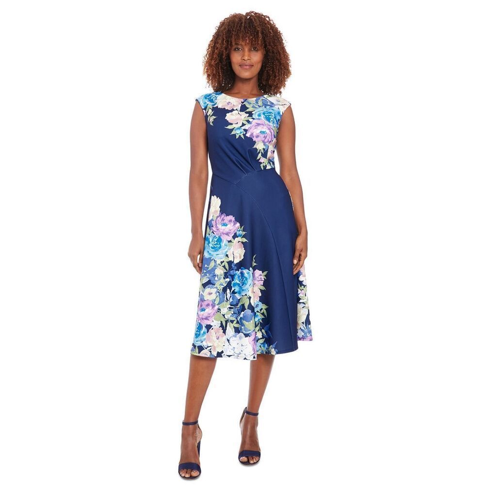 London Times Women's Floral Extended-Shoulder Midi Dress Size 8